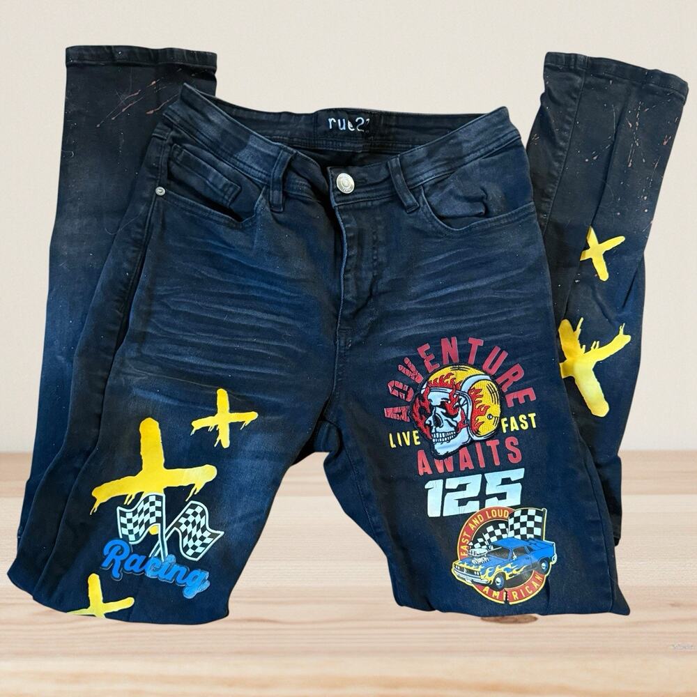 Rue 21 Premier Black Jeans Sz 30/32 Mens Racing Embellished Patches Distressed